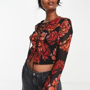 Topshop lace up chiffon floral print blouse in red